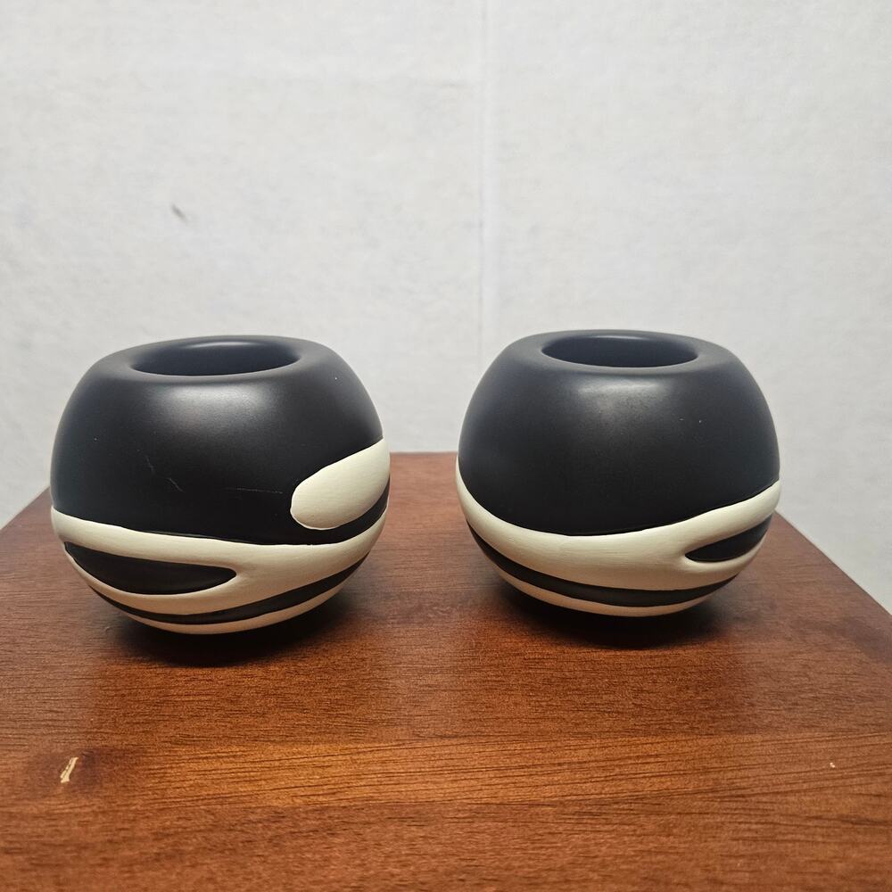 Vintage PartyLite African Inspiration Candle Holder Pair 2 Black Cream - Picture 2 of 8